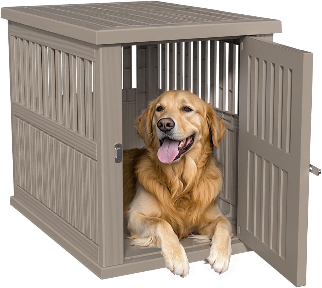 Yardgrace Large Dog Crates for Large Dogs, Indoor Outdoor Weatherproof Resin Dog Kennel with Roof and Elevated Floor (39.4"L x 28.4"W x 32.8"H, Coffee)