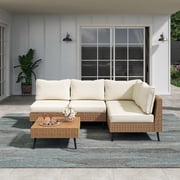 Yardgrace Outdoor Furniture Set, 5 Piece Outdoor Sectional Sofa PE Rattan Wicker Patio Conversation Sets with Thick Cushions, Beige