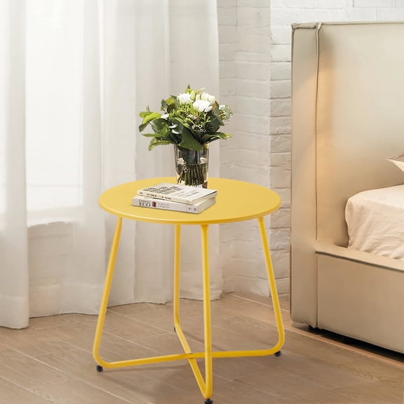 Yardgrace Outdoor Side Tables, 18 Inch Waterproof, Weather Resistant Steel Round End Table for Patio Yard Balcony Garden, Yellow