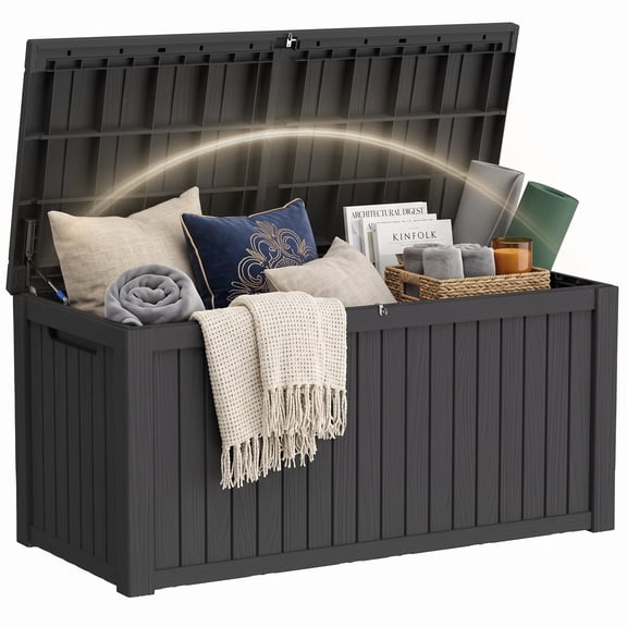 Yardgrace Outdoor Storage Box, 230 Gallon Waterproof Deck Box, Dual Gas-Spring Resin Organizer for King Size Cushions, 450 LBS Extra-Wide Storage Bench, Backyard Gatherings, Black