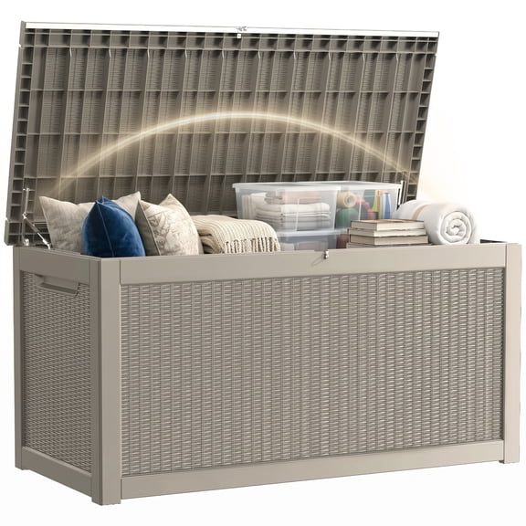 Yardgrace Outdoor Storage Box, 320 Gallon Waterproof Deck Box, Ultimate Resin Organizer for Estate Cushions, Heavy-Duty Lockable Storage Bench, Backyard BBQ, Light Brown