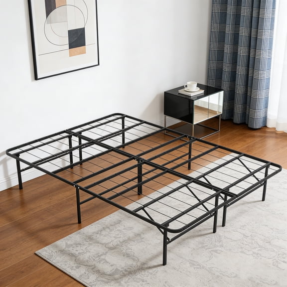 Yardgrace Platform Queen Bed Frame, 14 Inch Foldable Metal Bed Frame with Steel Slats, No Box Spring Needed, Tool-Free Assembly, Black