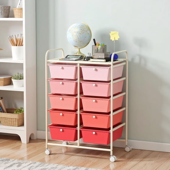 Yardi Yard 10-Drawer Rolling Storage Cart-Pink, Storage Cart, Multipurpose Organizer Cart for Home, Office, School