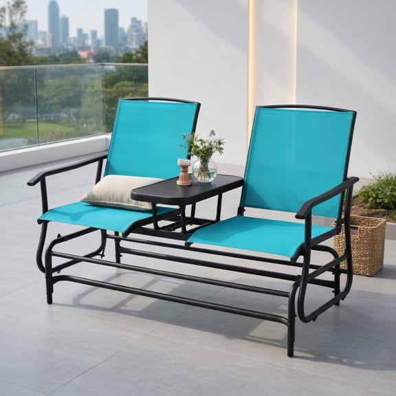 Yardi Yard 2-Person Double Rocking Loveseat, Outdoor Patio Furniture Set with Mesh Fabric and Center Tempered Glass Table-Turquoise