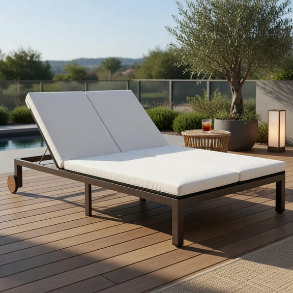 Yardi Yard 2-Person Patio Rattan Lounge Chair with Adjustable Backrest, Outdoor Furniture Chair, Adjustable Folding Lounger Chaise Chair-White