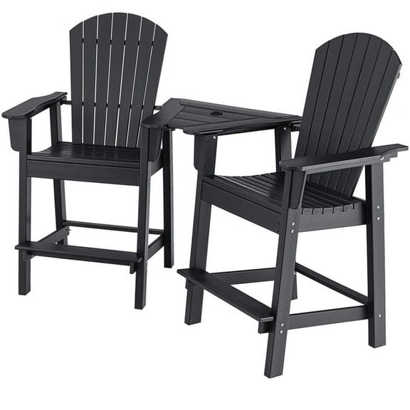 Yardi Yard 2 Pieces HDPE Tall Chair with Middle Connecting Tray, Double-Seat Barstool Set with Comfortable Footrest, HDPE Barstool Set for Outdoor, Black