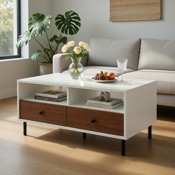 Yardi Yard 2 Tier 40 Inch Length Modern Rectangle Coffee Table with Storage Shelf and Drawers-White, Coffee Table for Living Room