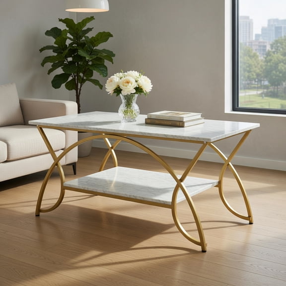 Yardi Yard 2-Tier Coffee Table Gold Rectangle for Living Room-Golden, Coffee Table for Living Room