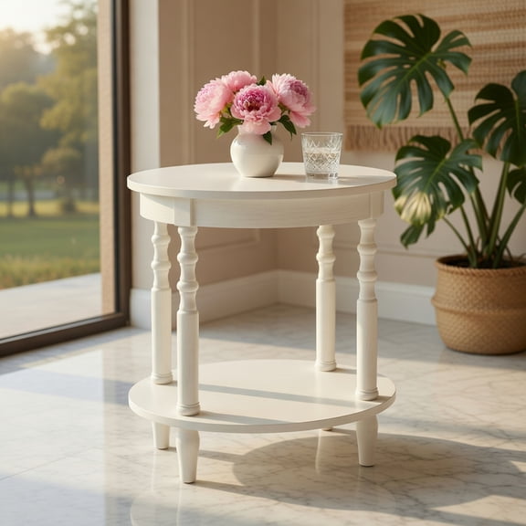 Yardi Yard 2-Tier Oval Side Table with Storage Shelf and Solid Wood Legs-White, Side Table, Chairside Table Narrow End Table for Bedroom Living Room Kitchen