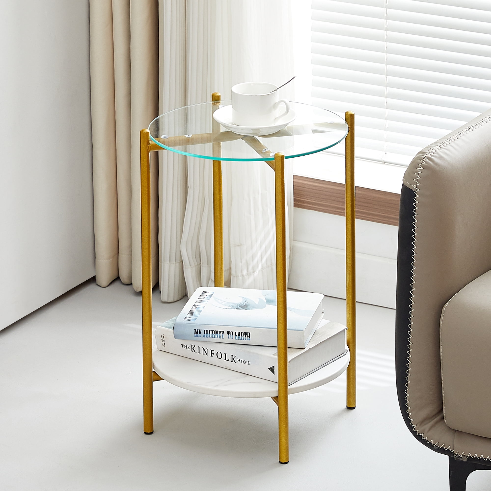 Yardi Yard 2-Tier Round Metal Gold End Table with Glass Tabletop, Small Accent Sofa Table Side Snack Table for Living Room