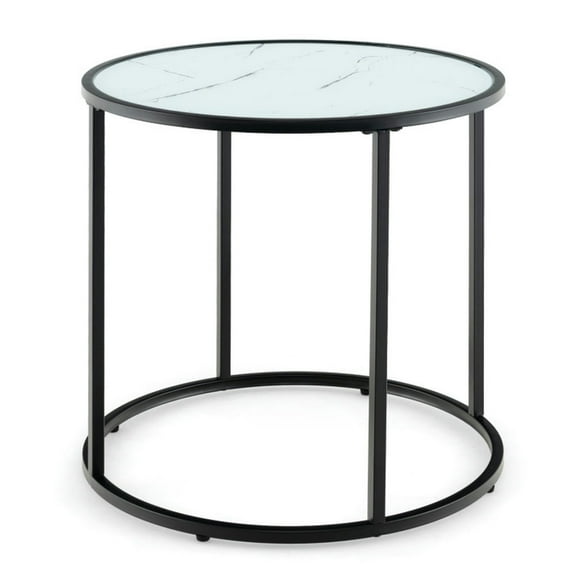 Yardi Yard 20 Inch Glass End Table with Metal Frame and Faux Marble Glass Top-Black and White, Coffee Table for Living Room