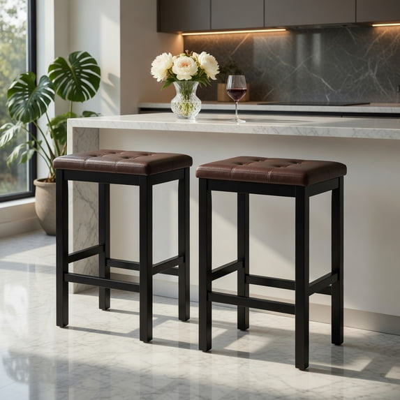 Yardi Yard 24 Inch Bar Stools Set of 2, Bar Stools with Padded Seat Footrest and Rubber Wood Frame, Brown