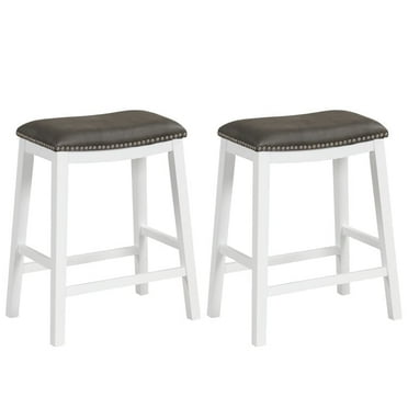 Yardi Yard 26" Counter Height Bar Stools Set of 2, Faux PVC Leather Barstools w/Padded Seat, Wood Frame, Max Load 330 Lbs, Wood Saddle Bar Stools, Gray+White