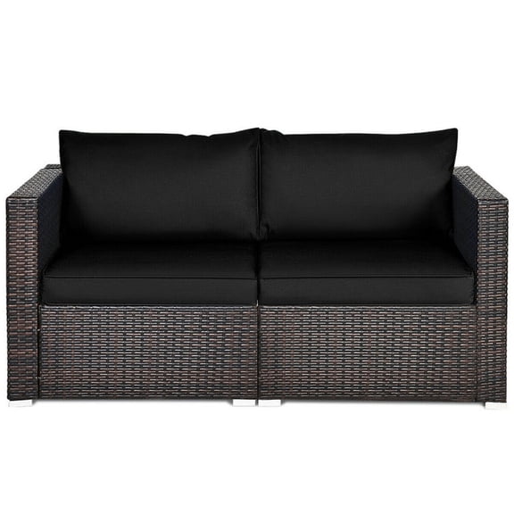 Yardi Yard 2PCS Patio Rattan Sectional Conversation Sofa Set, Multifunctional Sofa Set with 2 Padded Seat Cushions and 2 Back Cushions, Sectional Conversation Sofa Set for Outdoor, Black