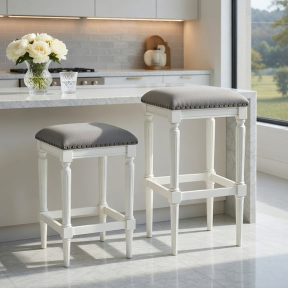 Yardi Yard 3 Heights Square Saddle Stool Set of 2 with Footrests and Padded Seats-Gray, Bar Height Stools, Bar Stools for Kitchen, Dining Room