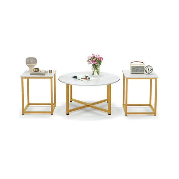 Yardi Yard 3-Piece Coffee Table Set, Round Coffee Table and 2 Pieces Square End Tables, Table for Indoor as Living Room, White and Gold