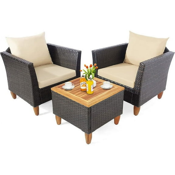 Yardi Yard 3 Pieces Patio Rattan Bistro Furniture Set with Wooden Table Top-Black, Outdoor Patio Furniture Set