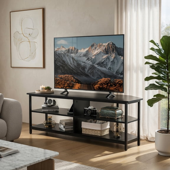 Yardi Yard 3-Tier Corner TV Stand for TVs up to 65 Inches with Charging Station- Black, TV Stand, TV Console Table for Living Room