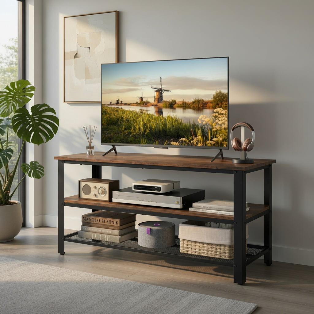 Yardi Yard 3-Tier Industrial Entertainment TV Stand with Metal Mesh Shelf, TV Stand, TV Console Table for Living Room