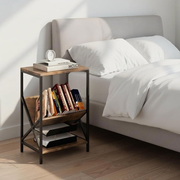 Yardi Yard 3-Tier Industrial Side Table with V-shaped Bookshelf for Living Room-Rustic Brown, Side Table, Chairside Table Narrow End Table for Bedroom Living Room Kitchen