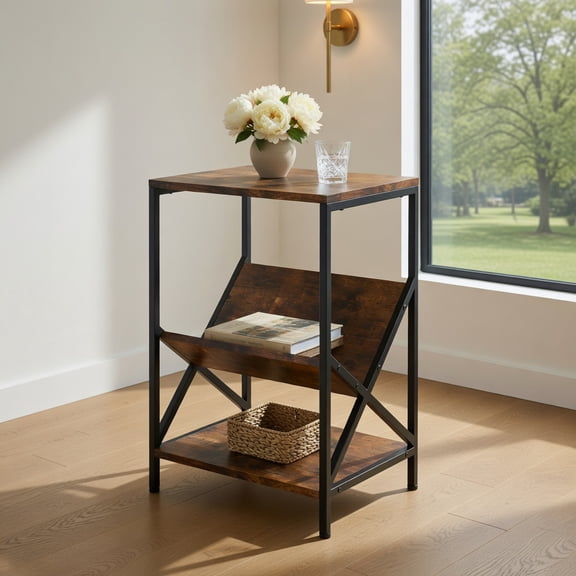 Yardi Yard 3-Tier Industrial Side Table with V-shaped Bookshelf for Living Room-Rustic Brown, Side Table, Chairside Table Narrow End Table for Bedroom Living Room Kitchen