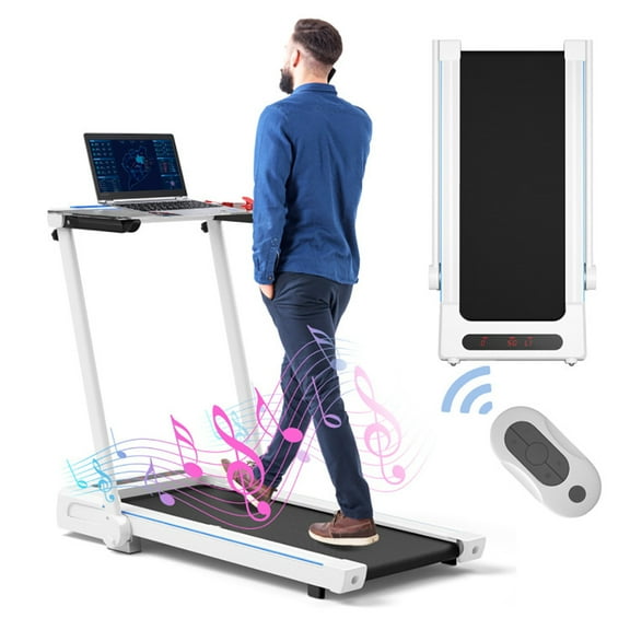 Yardi Yard 3-in-1 Folding Treadmill with Large Desk and LCD Display-White, Treadmill for Walking & Running