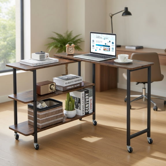 Yardi Yard 360 Rotating Sofa Side Table with 2-Tier Storage Shelves-Rustic Brown, Computer Desk, Gaming Computer Desks for Study,Working,Writing