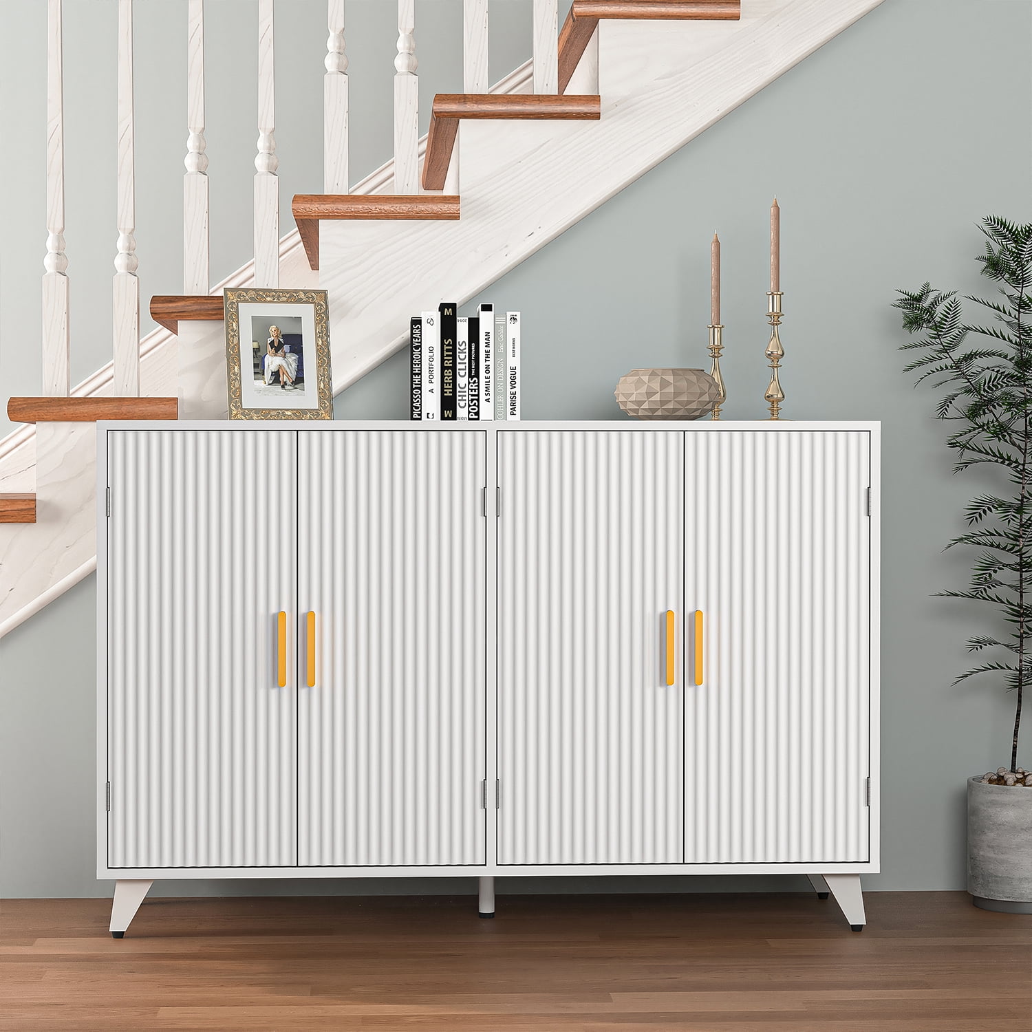 Yardi Yard 4-Door Storage Cabinet, Gold & White Water Ripple Design, Spacious Storage, Decorative Table Top Yardi Yard 4-Door Storage Cabinet, Gold & White Water Ripple Design, Spacious Storage, Decorative Table Top