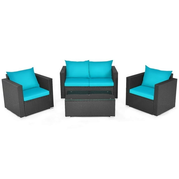 Yardi Yard 4 Patio Rattan Cushioned Sofa Furniture Set with Padded Cushion and Tempered Glass Coffee Table, Outdoor Patio Furniture Set-Turquoise