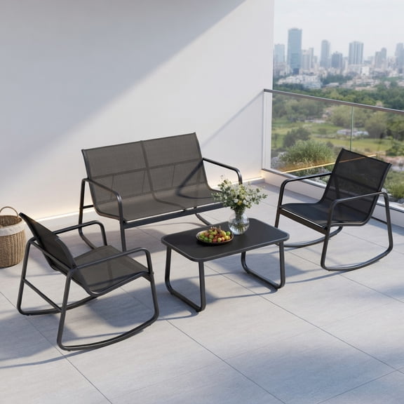 Yardi Yard 4 Piece Patio Rocking Sett, Outdoor Patio Furniture Set with Glass-Top Table-Black