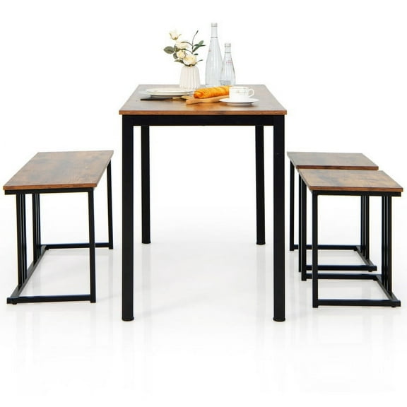 Yardi Yard 4 Pieces Industrial Dining Table Set with Bench and 2 Stools-Brown, Kitchen Table set, Modern Dining Set for Home, Kitchen, Dining Room