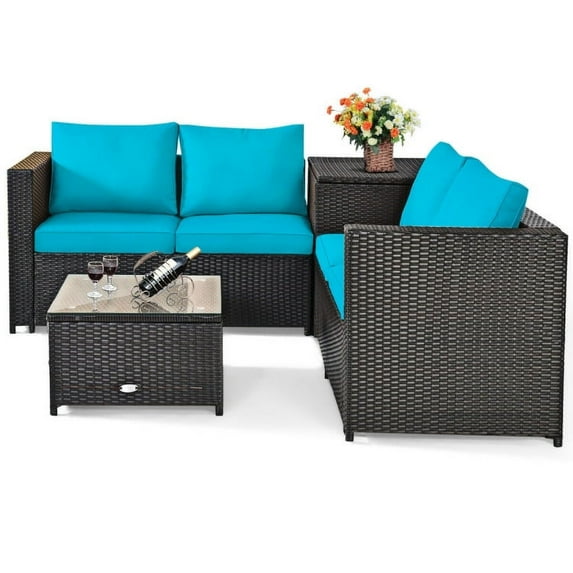 Yardi Yard 4 Pieces Outdoor Patio Rattan Furniture Set with Cushioned Loveseat and Storage Box-Turquoise, Outdoor Sofa Sectional , Coffee Table for Patio Back Deck, Balcany, Poolside