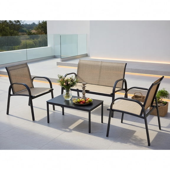 Yardi Yard 4 Pieces Patio Furniture Set, Outdoor Furniture Garden Conversation Bistro Sets with Glass Top Coffee Table-Brown