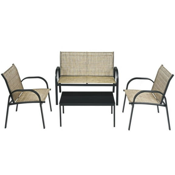 Yardi Yard 4 Pieces Patio Furniture Set, Outdoor Furniture Garden Conversation Bistro Sets with Glass Top Coffee Table-Brown