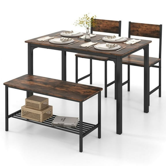 Yardi Yard 4 Pieces Rustic Dining Table Set with 2 Chairs and Bench-Rustic Brown, Kitchen Table set, Modern Dining Set for Home, Kitchen, Dining Room
