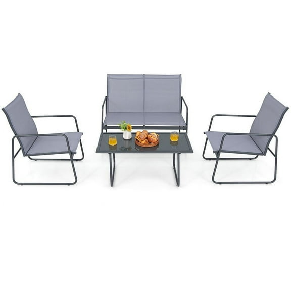 Yardi Yard 4 Pieces of Metal Patio Furniture Chat Set, Outdoor Patio Furniture Set with Tempered Glass Coffee Table
