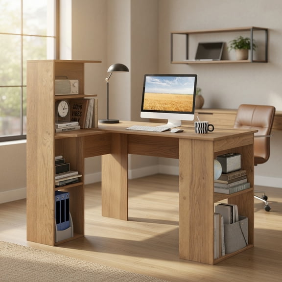 Yardi Yard 48 Inch Computer Desk with 4-Tier Bookcase and CPU Stand-Natural, Computer Desk, Gaming Computer Desks for Study,Working,Writing