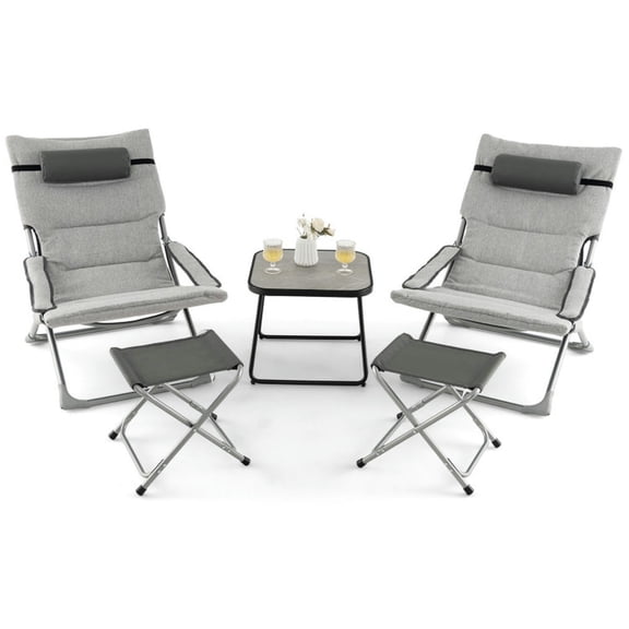 Yardi Yard 5-Piece Patio Sling Chair Set with Thick Padded Headrest and Armrest, Foldable Lounge Chairs with Footrests and Coffee Table, Chair Set for Outdoor, Gray