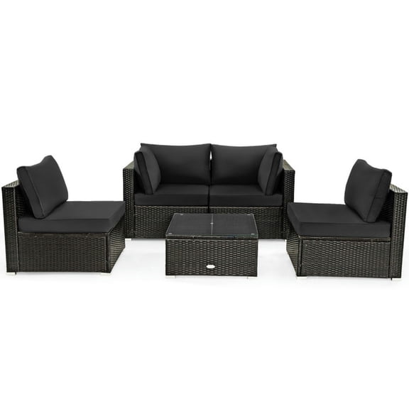 Yardi Yard 5 Pieces Cushioned Patio Rattan Furniture Set with Glass Table, Sectional Conversation Couch Set with Adjustable Aluminum Foot Pads, Furniture Set for Outdoor, Black