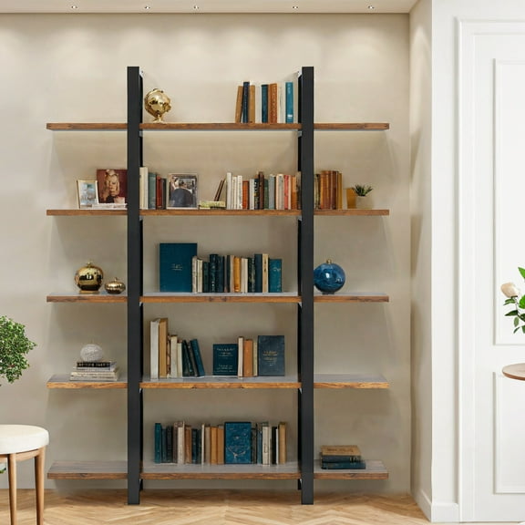 Yardi Yard 5 Tier Industrial Bookcase, Vintage Storage Rack with Open Shelves, Rustic Standing Bookshelves Metal Frame Display Rack for Living Room, Bedroom, Rustic Brown