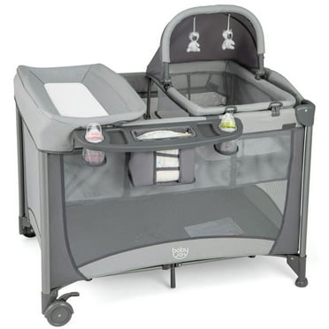 Yardi Yard 5-in-1 Portable Baby Playard with 7-Point Supporting Structure, Baby Playard with Cradle and Storage Basket, Baby Playard with Thickened Iron Tubes for Indoor, Gray