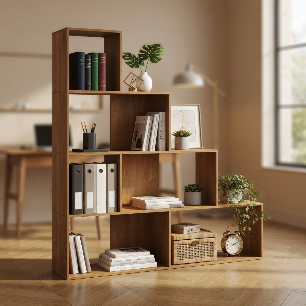 Yardi Yard 6 Cubes Ladder Shelf Corner Bookshelf Storage Bookcase-Natural, Tall Bookshelf, Bookshelf for Living Room, Home Office, Bedroom, Balcony