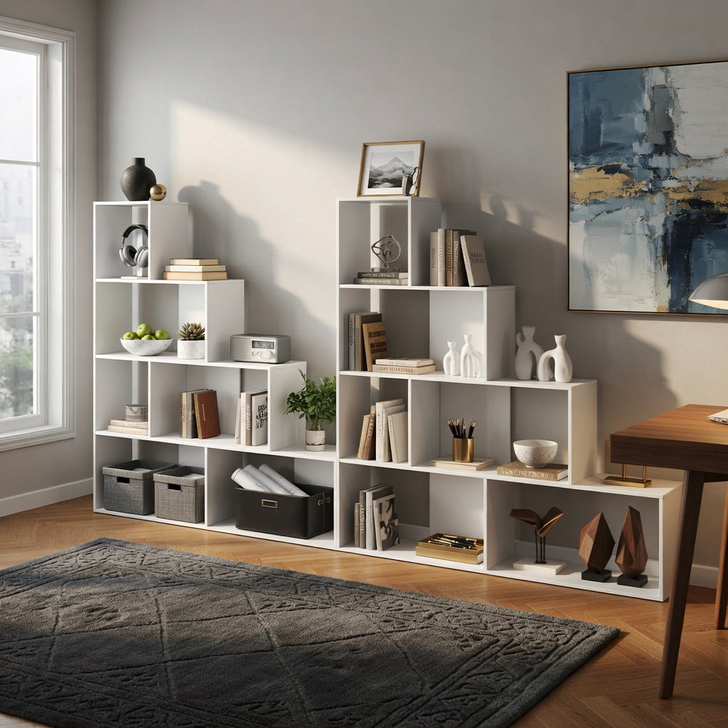 Yardi Yard 6 Cubes Ladder Shelf Corner Bookshelf Storage Bookcase-White, Tall Bookshelf, Bookshelf for Living Room, Home Office, Bedroom, Balcony