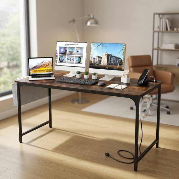 Yardi Yard 60 Inch Computer Desk with Charging Station Storage Bag-Rustic Brown, Computer Desk, Gaming Computer Desks for Study,Working,Writing
