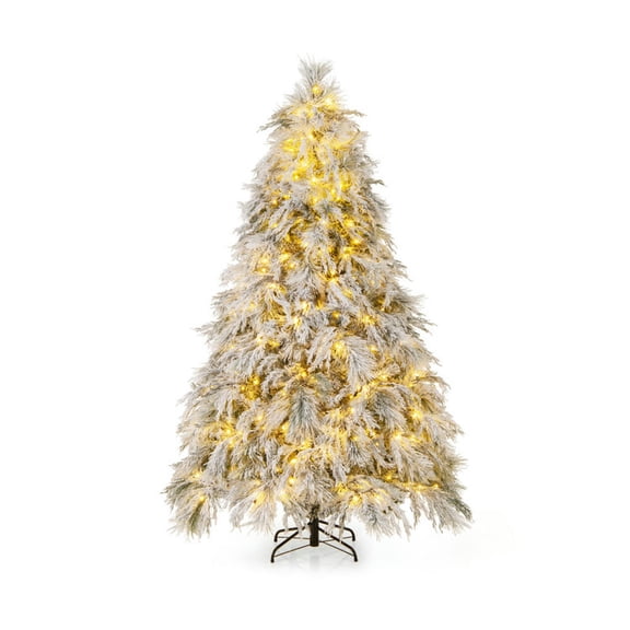 Yardi Yard 7 Ft Pre-Lit Snow Flocked Christmas Tree with Practical Hinged Design, Christmas Tree with Warm White LED Lights, Artificial Christmas Tree for Indoor and Outdoor, White