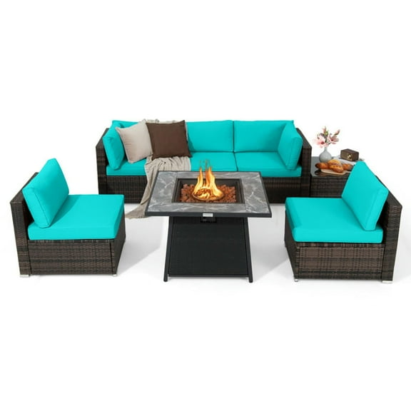 Yardi Yard 7-Piece Patio Furniture Set, 35 Inches 50000 BTU Propane Gas Fire Pit Table and Waterproof PVC Cover for Firpit, Turquoise