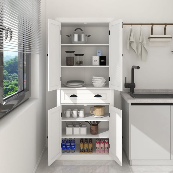 Yardi Yard 71" Kitchen Pantry Storage Cabinet with 4 Doors, Drawer, 2 Adjustable Shelves, Freestanding Rustic Kitchen Buffet for Dining Room Living Room, Laundry-White