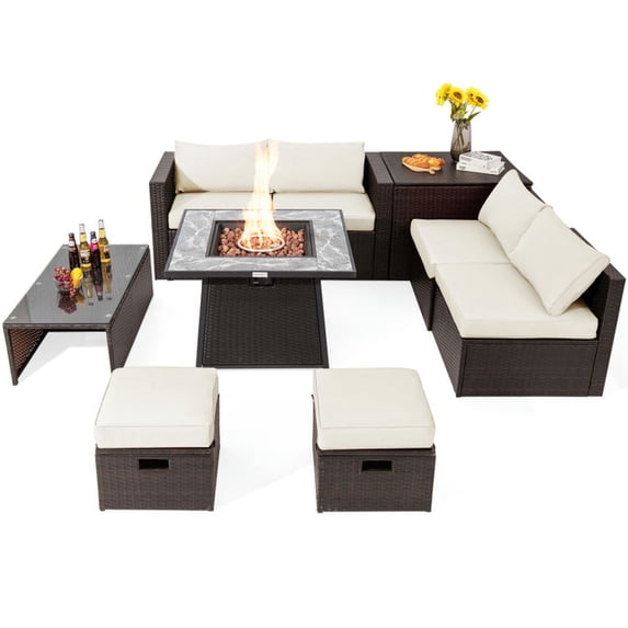 Yardi Yard 9-Piece Patio Furniture Set with Fire Pit Table, Outdoor Conversation Set with Rustproof Steel Frame, Sectional Furniture Set for Outdoor as Garden, Patio, Off White