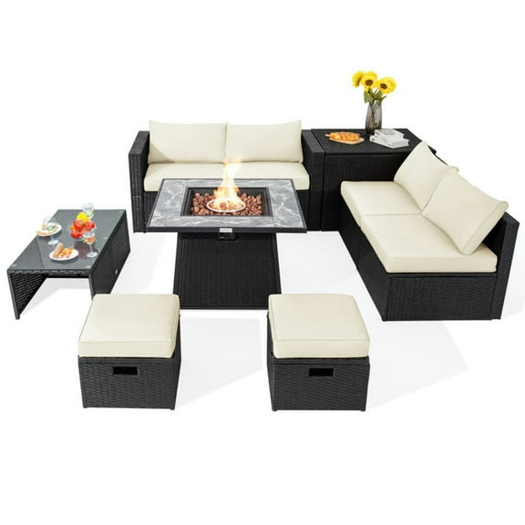 Yardi Yard 9 Pieces Outdoor Wicker Sectional Sofa Set with Protective Covers, Patio Sofa Set with 35 Inch Gas Fire Pit Table, PE Rattan Sofa Set for Outdoor, White