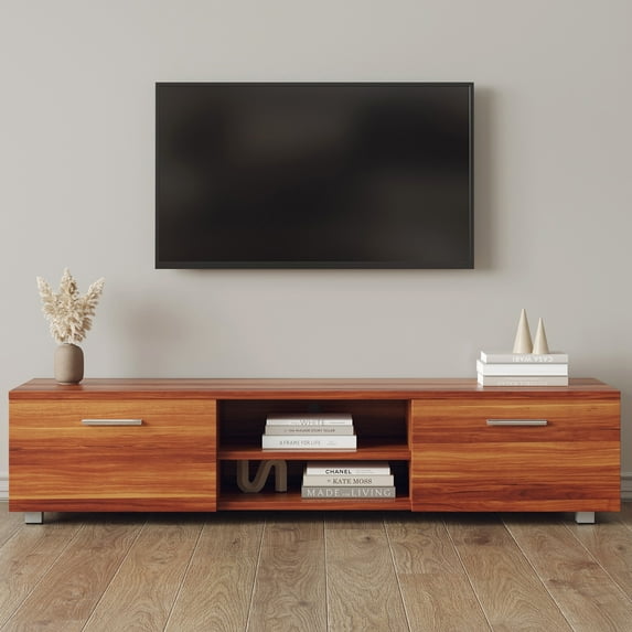Yardi Yard Brown 2-Door TV Stand for TVs up to 70", Wood Wide Entertainment Center with Open Shelves, Media Console TV Cabinet for Living Room Bedroom